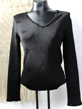 Belldini Medium Black Ribbed beaded embellishment V-Neck Long Sleeve Sweater